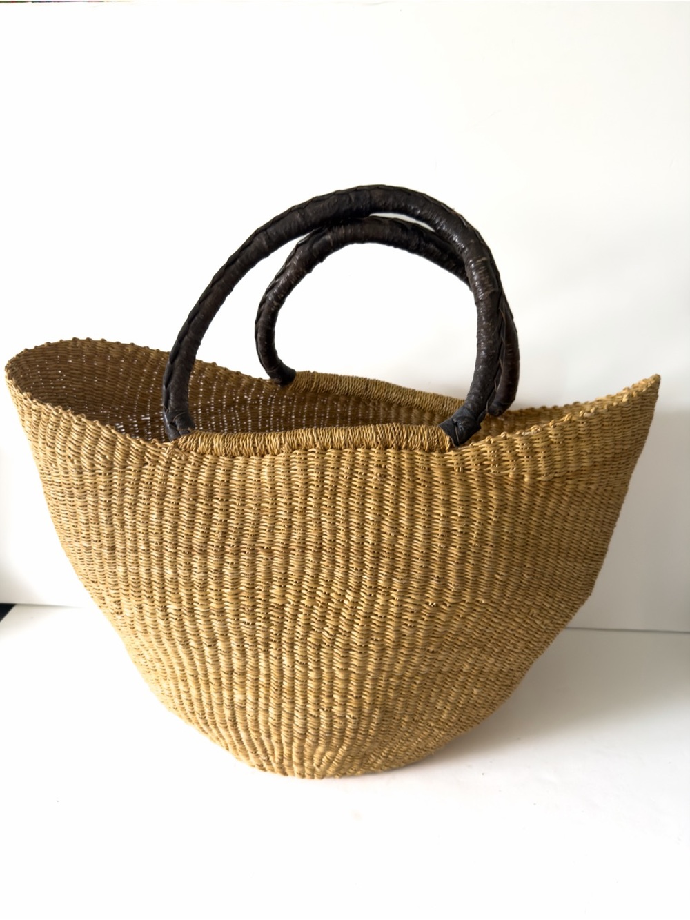 Woven Large Straw Tote Bag with Dark Brown Leather Bound Handles - Picture 2 of 9